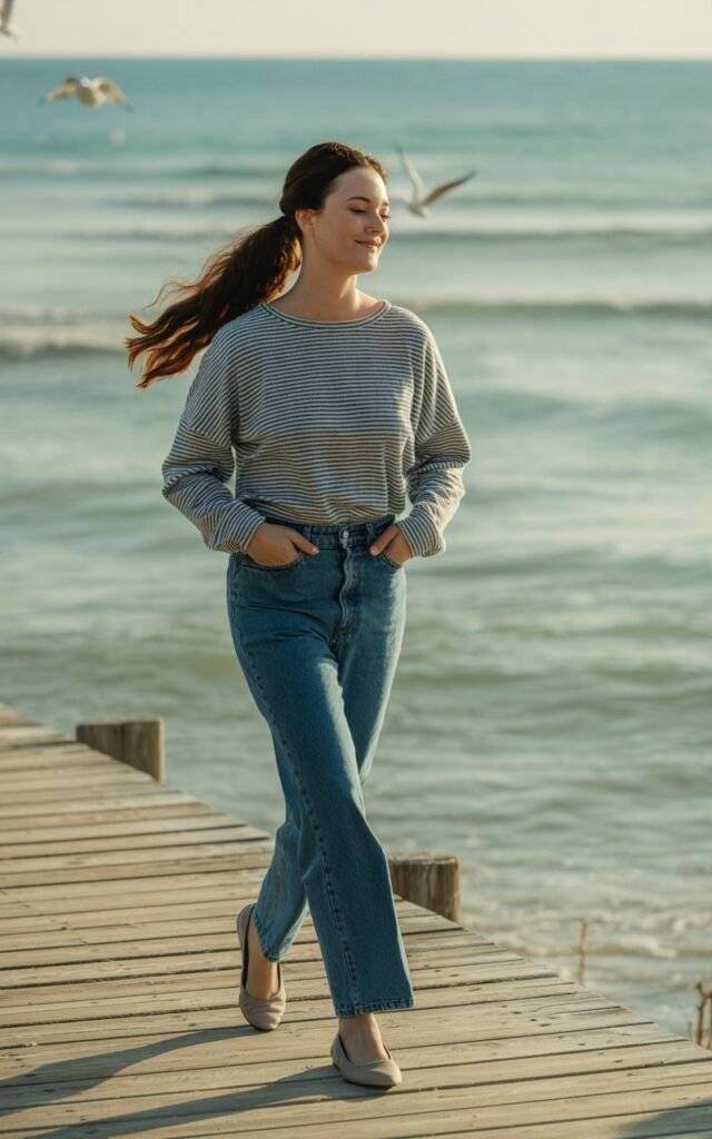 Classic brunette with loose ponytail, wearing straight-leg blue jeans, striped navy-and-white long-sleeve top, and flats. Shot on a boardwalk by the water, soft daylight. She’s strolling with hands in pockets, relaxed smile.