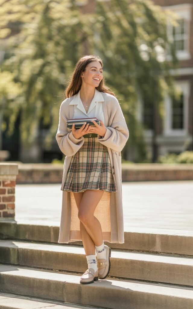 College campus vibe. Model in a long beige cardigan layered over a plaid mini skirt, tucked-in blouse, and loafers with socks. Crisp afternoon sunlight. Hair styled with loose waves. Pose standing on steps with books in hand, smiling playfully.