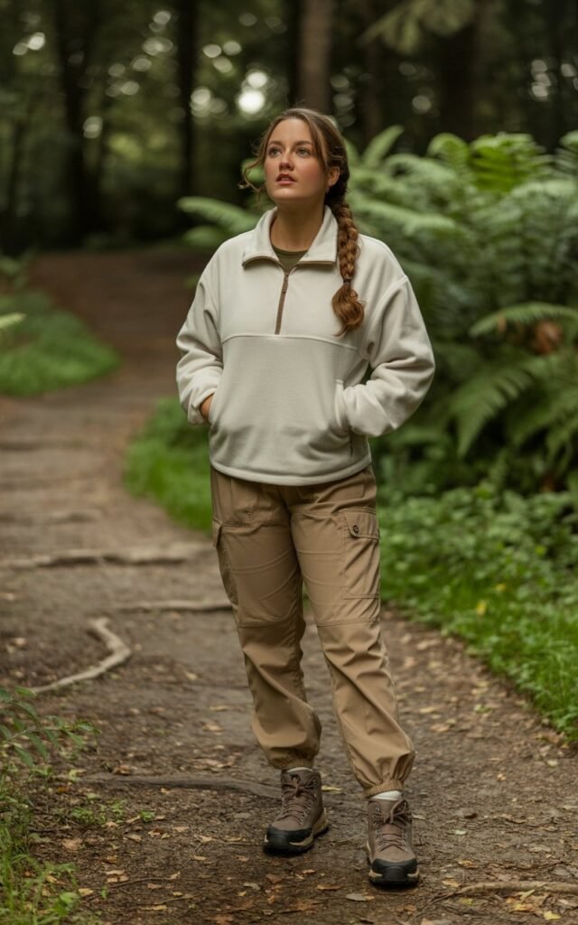 Cream half-zip fleece paired with khaki cargo joggers and sturdy hiking boots. The model is standing on a forest trail, surrounded by greenery. Diffused daylight creates soft shadows. Hair is styled in a simple braid, hands in pockets, relaxed stance, looking adventurous.