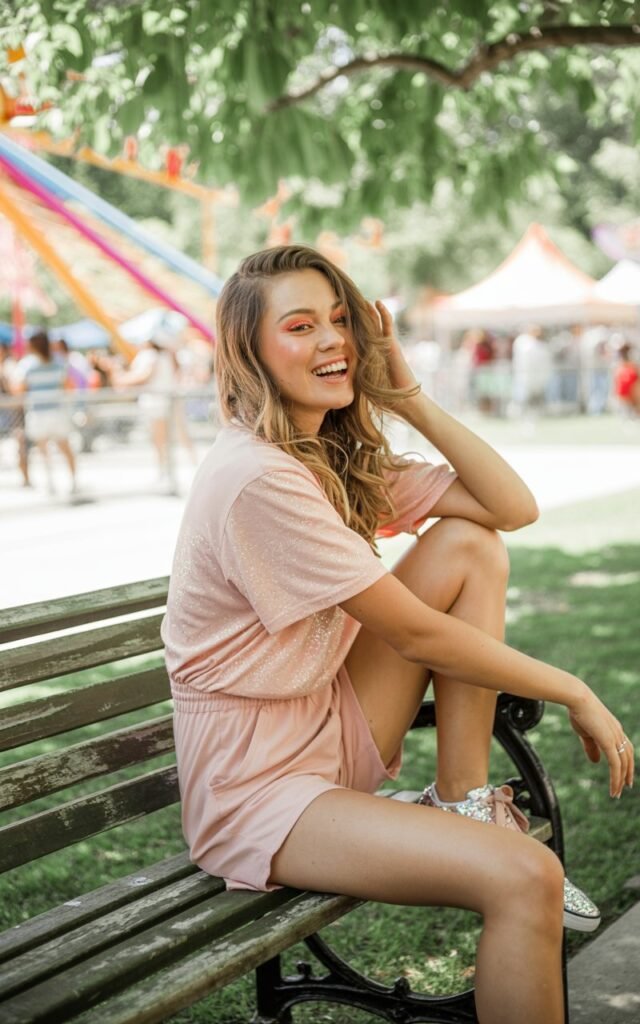 Daytime park setting with carnival rides in the background. White-skinned model wears a pastel pink sparkly romper paired with glitter sneakers. She sits casually on a bench, laughing candidly with one leg tucked under her. Loose waves and soft peach makeup keep it sweet and fun. Light, playful festival vibes.