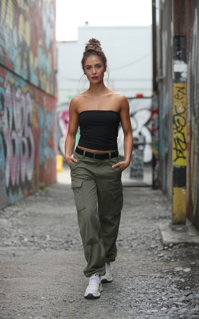Editorial-style full-body photo of a toned brunette model with hair in a messy bun, wearing a fitted black tube top with olive cargo pants and chunky white sneakers. Shot in an industrial alley with graffiti, natural daylight giving it street-style vibes. She’s walking confidently, hands in pockets, slightly smirking.