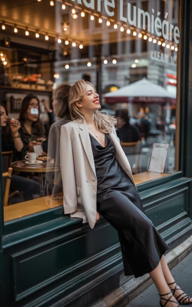 Editorial-style full-body shot of a white-skinned model leaning casually against a city café window. She wears a silky black slip dress with a structured beige blazer layered over. Strappy black heels complete the look. Hair styled in loose waves, lips bold red. Soft indoor light spills onto her face while she smiles playfully at something off-camera.
