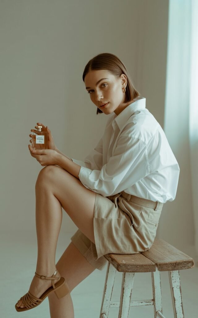 Editorial-style shot in a minimal indoor studio with soft window light. Model wears a crisp oversized white button-up tucked into beige linen shorts with tan strappy sandals. Hair straightened and tucked behind ears. She leans against a wooden stool, confident but relaxed expression.