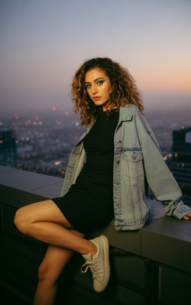 Evening city rooftop with warm lights. She wears a fitted ribbed black bodycon dress under a light-wash oversized denim jacket, paired with sneakers. Hair in voluminous waves, makeup bold. She’s seated on a ledge, looking effortlessly chic.
