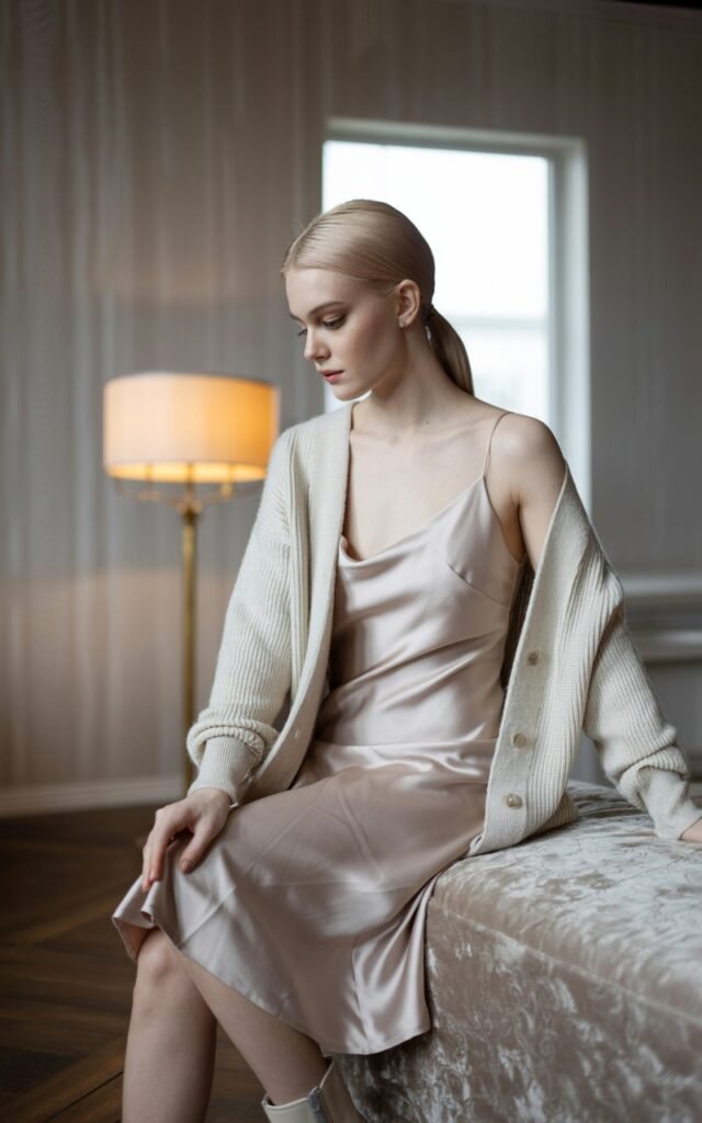 Fair-skinned model with sleek straight blonde hair, styled in a low ponytail. Outfit champagne satin slip dress with oversized cream chunky cardigan and ankle boots. Indoor studio with natural soft window light. She’s seated on the edge of a couch, gaze downward, candidly elegant.