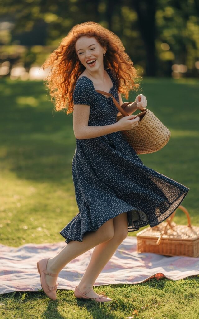 Fair-skinned redhead with freckles and voluminous curly hair, wearing a navy polka dot tea dress and blush pink ballet flats. Shot in a sunny park during golden hour, surrounded by greenery and a picnic blanket. She’s mid-laugh, holding a straw tote, twirling slightly to show the flow of the dress.