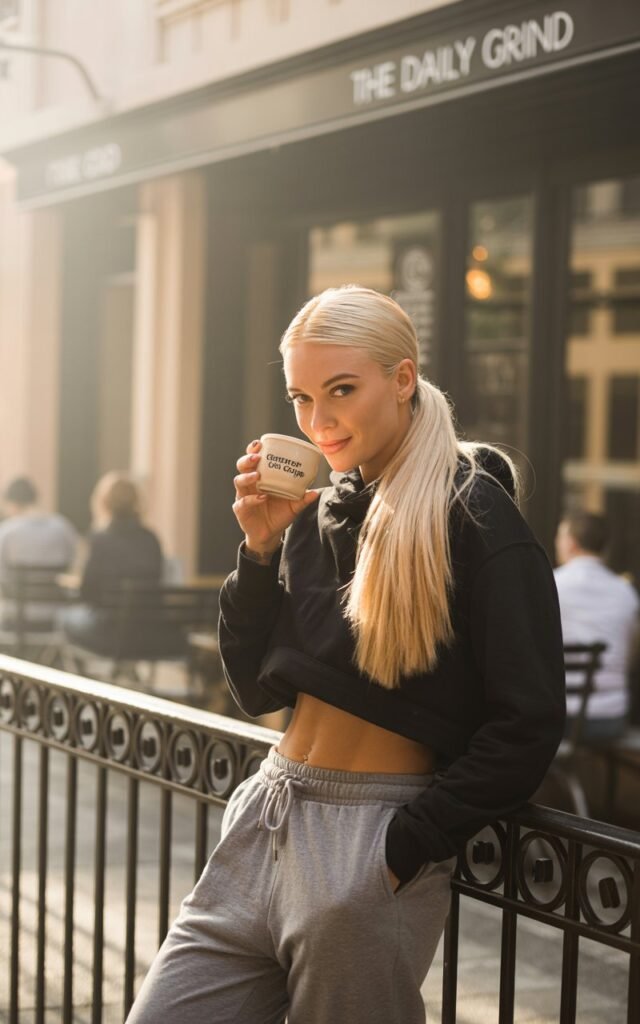 Fit blonde model with straight hair in a sleek ponytail, wearing grey joggers, a cropped black hoodie, and chunky white sneakers. Full-body shot outside a modern café, golden hour lighting. She’s leaning casually against a railing, sipping coffee with a playful smirk.