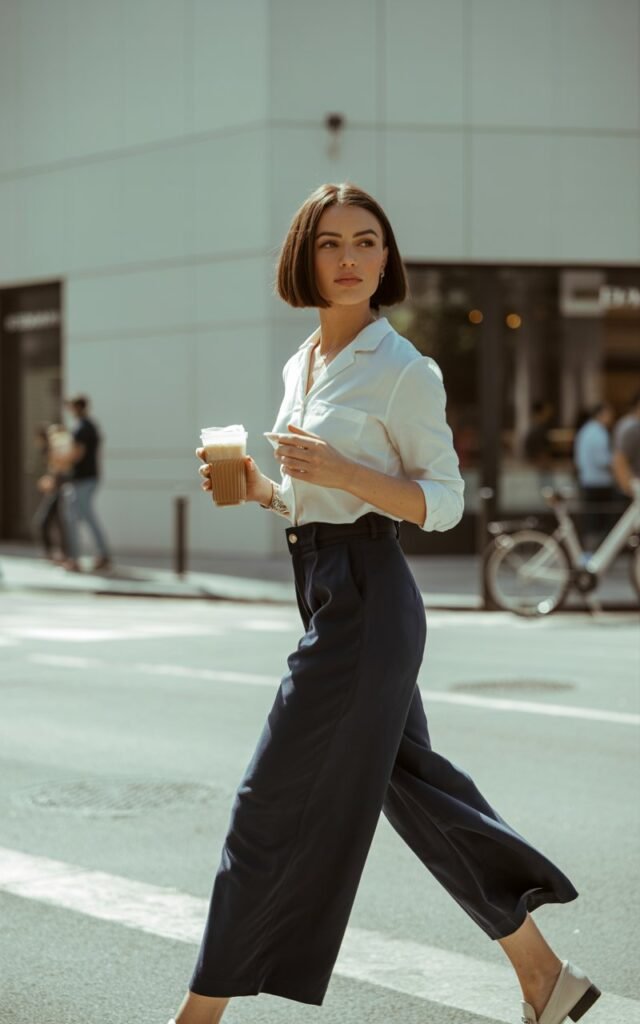 Fit brunette with short sleek bob, wearing navy culottes, crisp white button-up tucked in, and loafers. Shot outside a minimalist urban café, soft natural light. She’s mid-step holding an iced latte, chic and effortless.