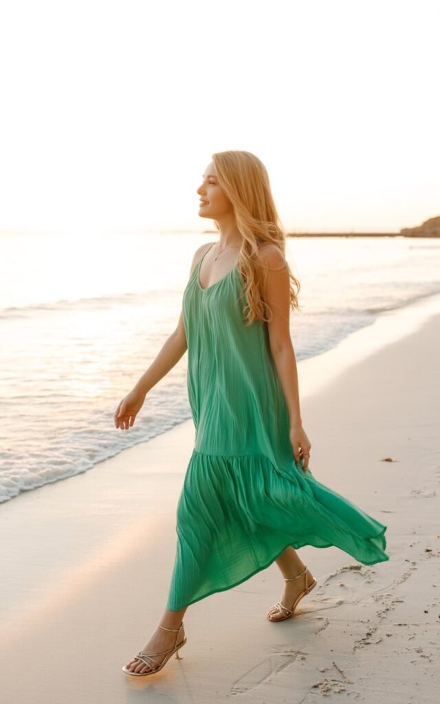 Flowy Maxi Dress with Strappy Sandals A full-body shot of a white-skinned female model with long, wavy blonde hair, wearing a vibrant, emerald green flowy maxi dress and delicate gold strappy sandals. She is walking gracefully on a pristine white sand beach at sunset, with the gentle waves lapping at the shore in the background. The lighting is soft golden hour, casting a warm glow on her skin. Her expression is serene and joyful, with a slight smile as she looks towards the horizon. The dress fabric is a light, breathable rayon, catching the breeze beautifully.