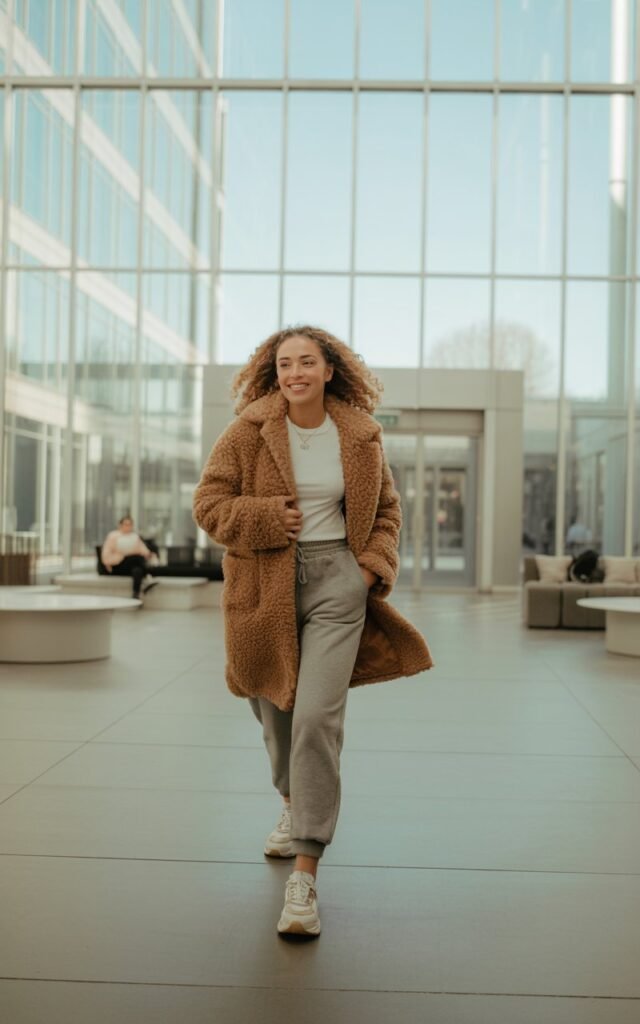 Fluffy camel-colored teddy coat layered over a white tee and grey joggers, styled with chunky trainers. She’s walking through a modern glass building lobby. Soft morning daylight streams in from tall windows. Hair is natural and loose, expression warm and approachable.