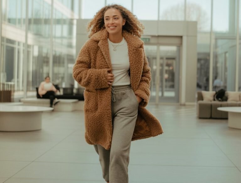 Fluffy camel-colored teddy coat layered over a white tee and grey joggers, styled with chunky trainers. She’s walking through a modern glass building lobby. Soft morning daylight streams in from tall windows. Hair is natural and loose, expression warm and approachable.