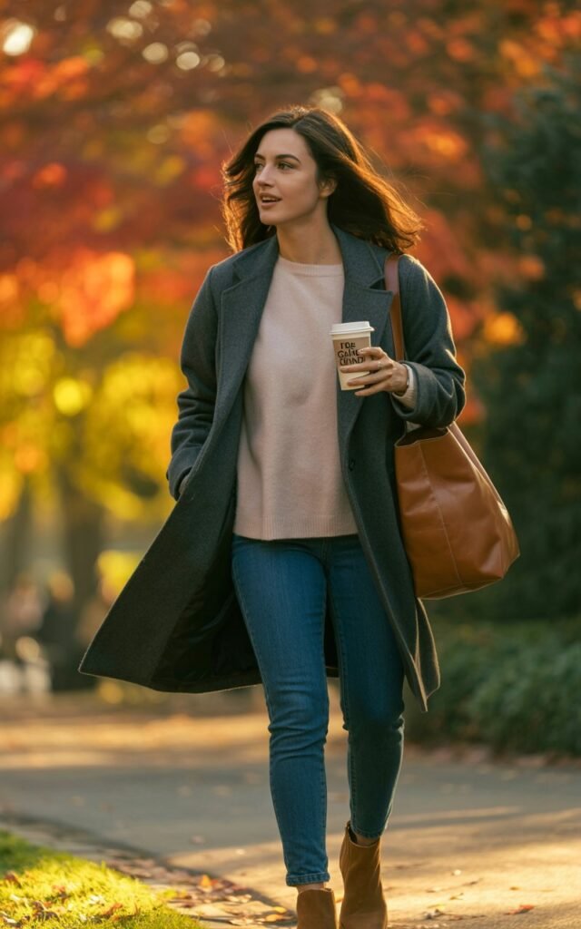 Full-body autumn park scene. Model wears a gray wool coat over a cream sweater and blue skinny jeans. Ankle boots and leather tote complete the look. Hair is loose and windswept. Golden-hour light filters through trees as she walks leisurely, coffee in hand.