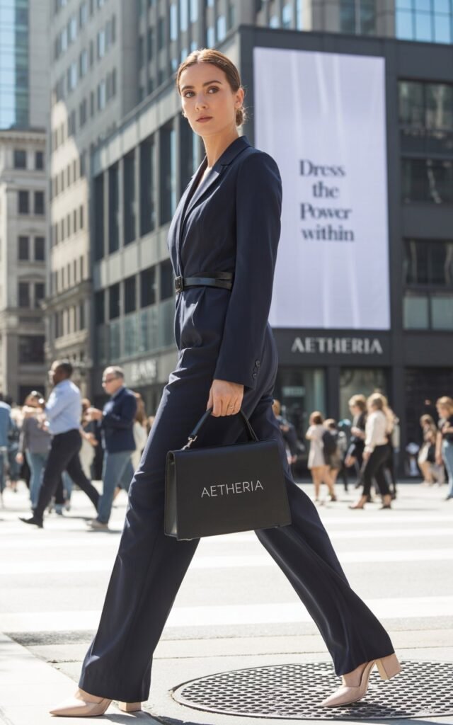 Full-body business-district scene. Model wears a tailored navy jumpsuit cinched at the waist with a sleek belt. She carries a structured handbag and wears nude block heels. Hair is pulled back into a smooth bun. Bright natural daylight highlights her confident walk with a serious, stylish expression.