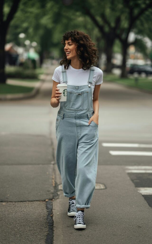 Full-body candid of a brunette model with loose curls, styled in oversized light-wash denim overalls over a white baby tee, paired with Converse sneakers. Captured on a tree-lined suburban street with soft daylight. She’s walking casually with a coffee in hand, natural expression.