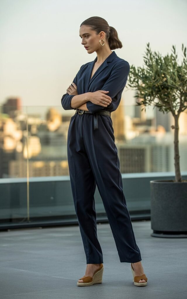 Full-body editorial photo of a brunette model with sleek high ponytail, wearing a tailored navy jumpsuit with a belted waist, tan espadrille wedges, and gold hoop earrings. Captured on a modern city rooftop at golden hour, skyline in the distance. Confident pose, arms crossed lightly, elegant expression.