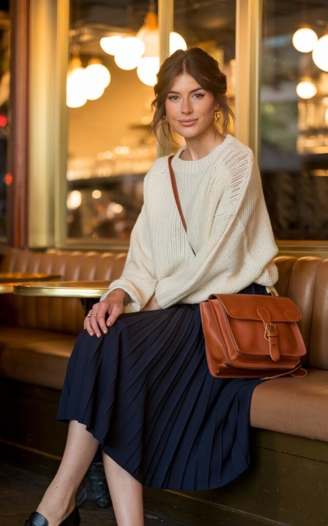 Full-body image inside a cozy indoor café with warm golden lighting. The model wears a soft cream knit sweater loosely tucked into a navy pleated midi skirt, paired with black leather loafers. A leather satchel and small gold earrings add subtle polish. Her hair is in soft waves, framing her face with natural makeup. She sits gracefully on a bench, one hand on her lap, smiling softly at the camera.