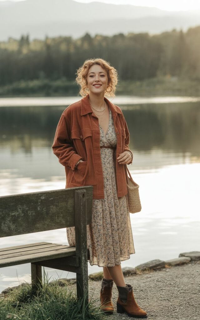 Full-body image near a lakeside bench with soft, late afternoon light and trees in the distance. The model wears a rust-colored corduroy jacket over a floral midi dress paired with brown ankle boots. A woven bag and subtle gold jewelry complete the look. Her hair is in soft curls and her makeup glows with natural tones. She stands relaxed with one hand in her pocket and a content smile.