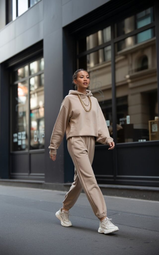 Full-body image of a model in a beige matching sweat set (hoodie + joggers), chunky sneakers, and layered gold chains. Street style shot in front of a minimalist café exterior, daylight. She’s mid-step walking, head slightly turned, casual confident expression.