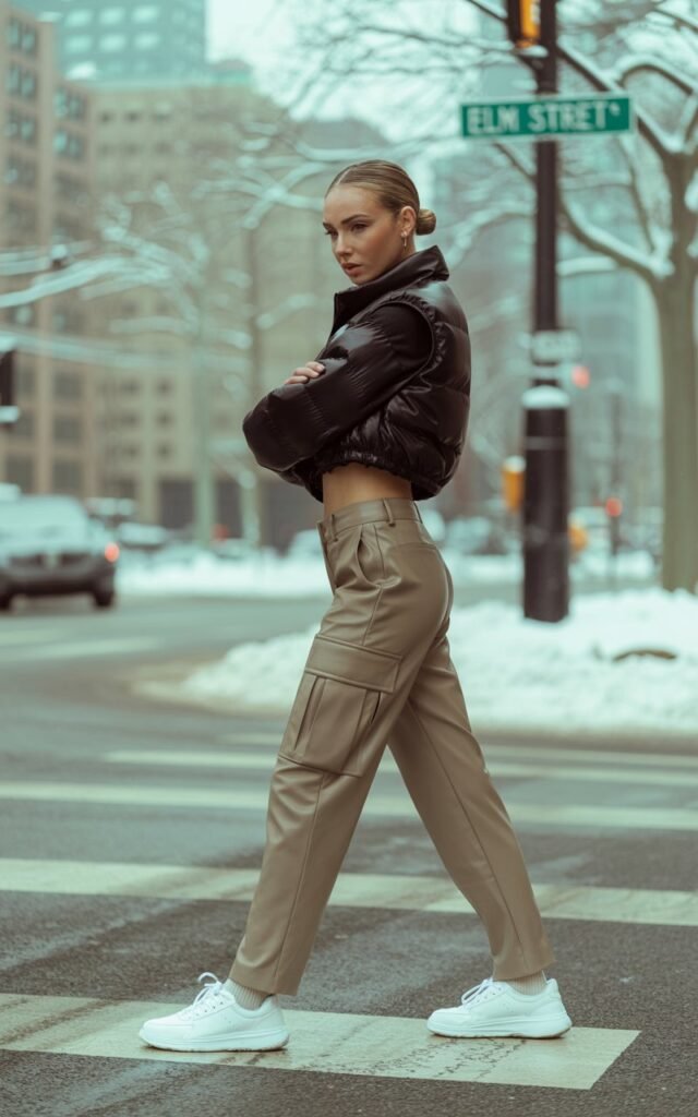 Full-body image of a model in a cropped black puffer vest, khaki cargo pants, and white sneakers. Taken on a cold-weather city street with bare trees and a crosswalk in the background. Natural winter daylight. Hair slicked back into a low bun, standing powerfully with arms crossed, casual bossy energy.
