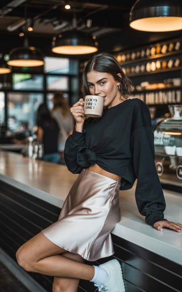 Full-body image of a model in a silky champagne slip skirt paired with a cropped black sweatshirt and sneakers. Shot inside a trendy coffee shop with warm indoor lighting. She’s leaning casually against a counter, sipping coffee, playful glance at the camera.