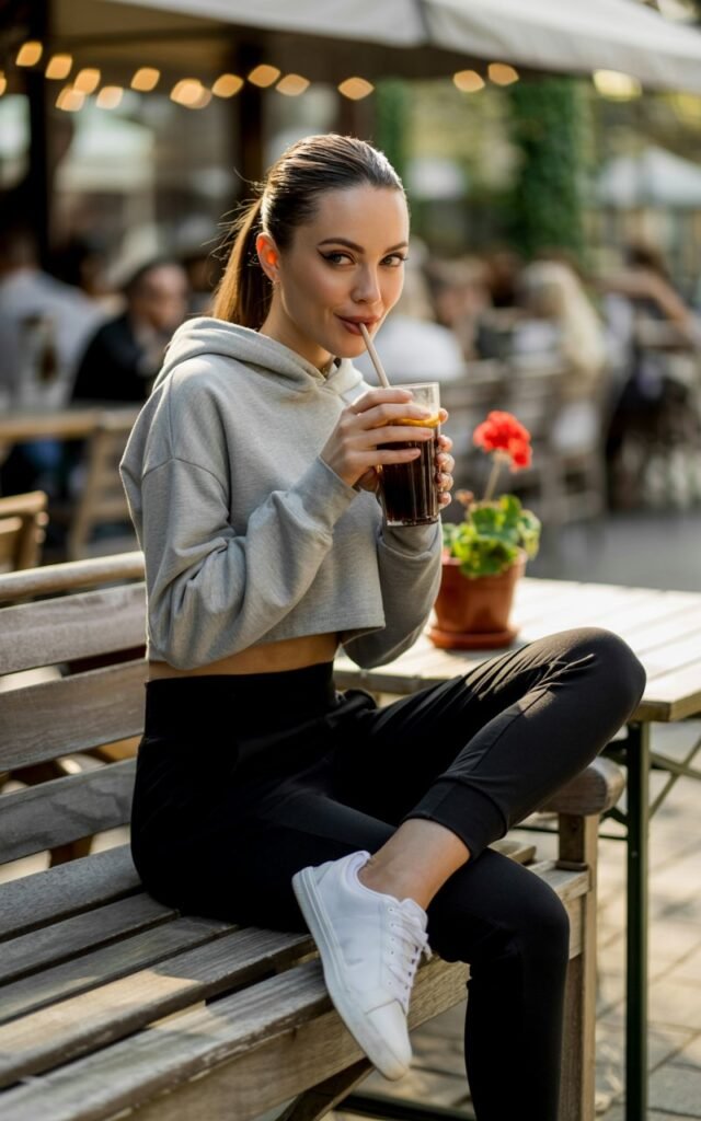 Full-body image of a white female model in a cropped gray hoodie and fitted high-waisted black joggers with white sneakers. She’s sitting on a café bench outdoors, sipping iced coffee, golden-hour sunlight highlighting her sharp jawline. Hair pulled into a sleek high ponytail, expression playful yet chic.