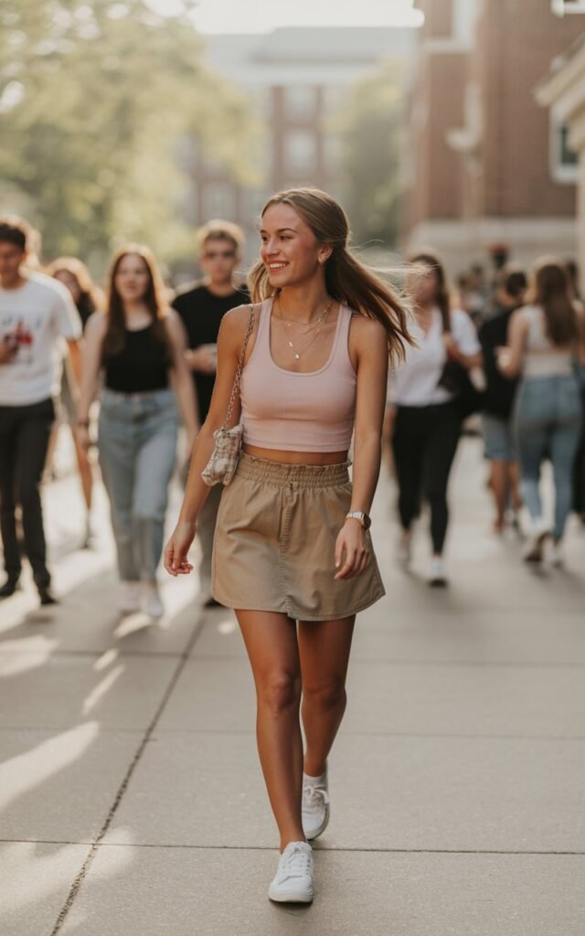 Full-body image on a college campus walkway with soft afternoon light. The model wears a pale pink ribbed crop top tucked into a beige paperbag waist skirt, paired with white sneakers. A crossbody bag and layered gold necklaces complete the look. Her hair is loosely tied back with natural strands falling softly. She walks with one foot forward and a playful grin.