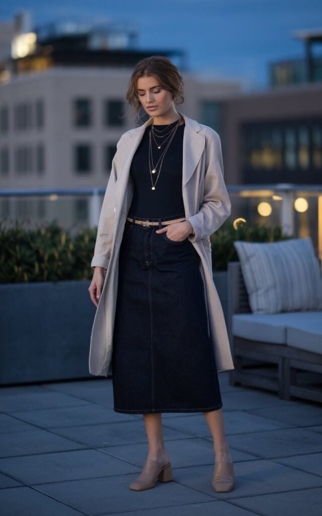 Full-body image on a rooftop terrace with soft evening light and city buildings blurred in the background. The model wears a black fitted bodysuit paired with a high-waisted dark denim midi skirt and beige leather mules. Accessories include layered necklaces and a thin belt. Her hair is styled in loose curls cascading down her shoulders. She stands tall, one hand resting at her side, exuding calm elegance.