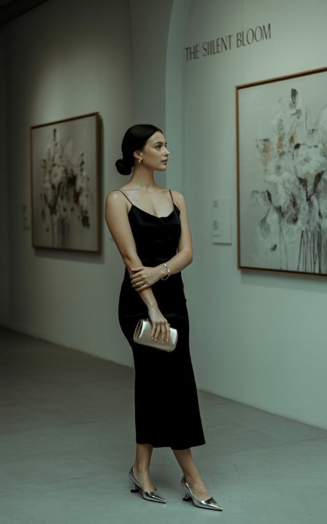 Full-body indoor gallery setting. Model stands gracefully in a fitted black midi dress paired with sharp pointed flats. Minimal accessories—dainty bracelet, clutch bag. Hair in sleek low bun, makeup understated. Neutral soft lighting emphasizes elegance as she gazes thoughtfully at artwork.