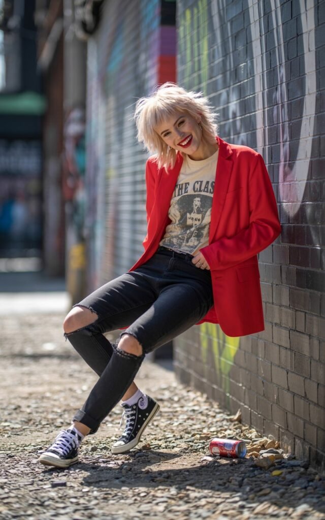 Full-body of a white-skinned female model with layered haircut, wearing a bold red blazer, vintage band tee, ripped jeans, and Converse sneakers. Setting graffiti wall in a downtown alley. Bright daylight. She’s leaning against the wall, playful grin. Fun and rebellious.
