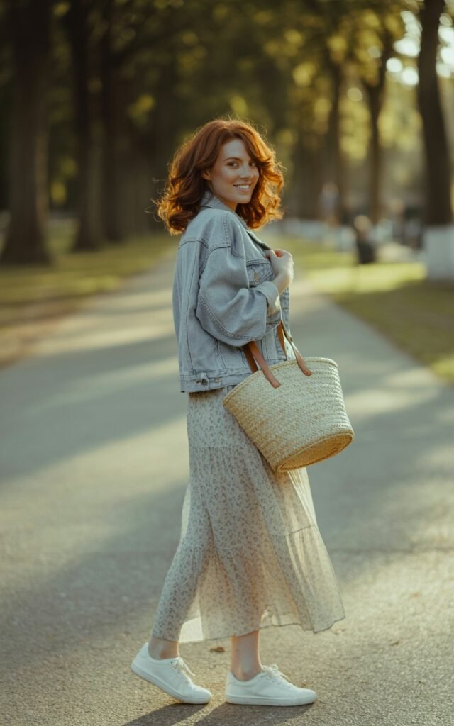 Full-body outdoor shot of a fit woman with auburn hair in loose curls, walking through a park at golden hour. She wears a denim jacket over a flowing pastel floral maxi skirt with white sneakers and a straw tote bag. Her hair glows in the backlight as she looks over her shoulder candidly.