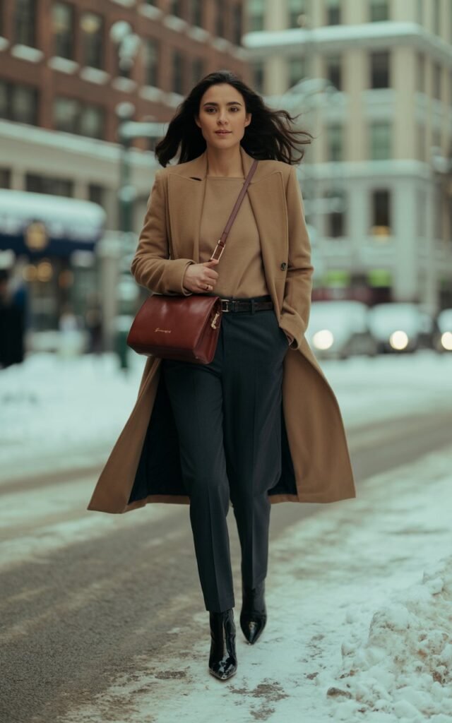 Full-body outdoor winter city scene. Model wears a camel belted wool coat over slim black trousers and pointed black ankle boots. A leather satchel adds polish. Her hair flows naturally in soft waves. Cool daylight and crisp urban background amplify the chic aesthetic as she strides forward, gaze straight ahead with quiet power.