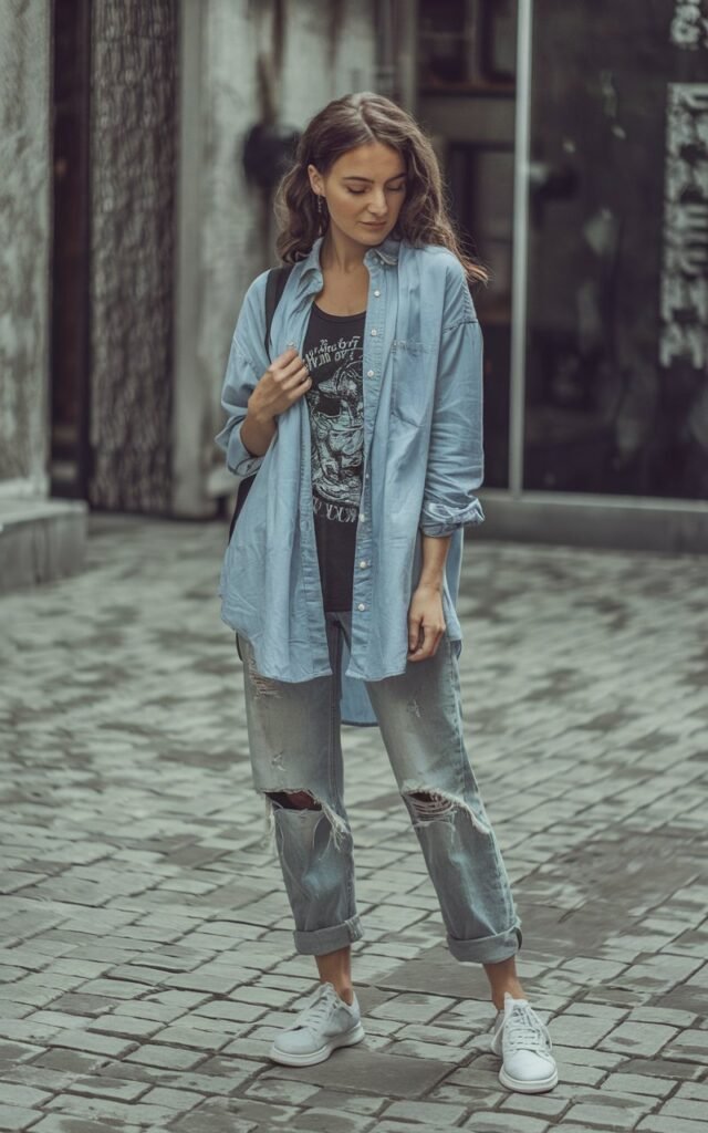 Full-body photo at an artsy outdoor courtyard with cobblestone flooring and urban textures. The model wears a light chambray button-up casually draped over a black graphic tank top and distressed blue jeans. She finishes the look with white canvas sneakers and a small backpack. Her wavy hair is left natural, and she stands with one hand adjusting her shirt, eyes downcast in a candid pose.