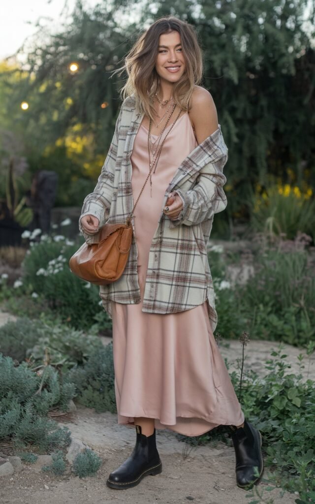 Full-body photo in a rustic garden with soft evening light and natural greenery in the background. The model wears a soft plaid flannel shirt loosely layered over a blush pink slip dress paired with black Chelsea boots. Accessories include a leather crossbody bag and layered necklaces. Her hair flows naturally with soft waves, and her makeup is minimal. She stands with one hand on her hip, smiling playfully.