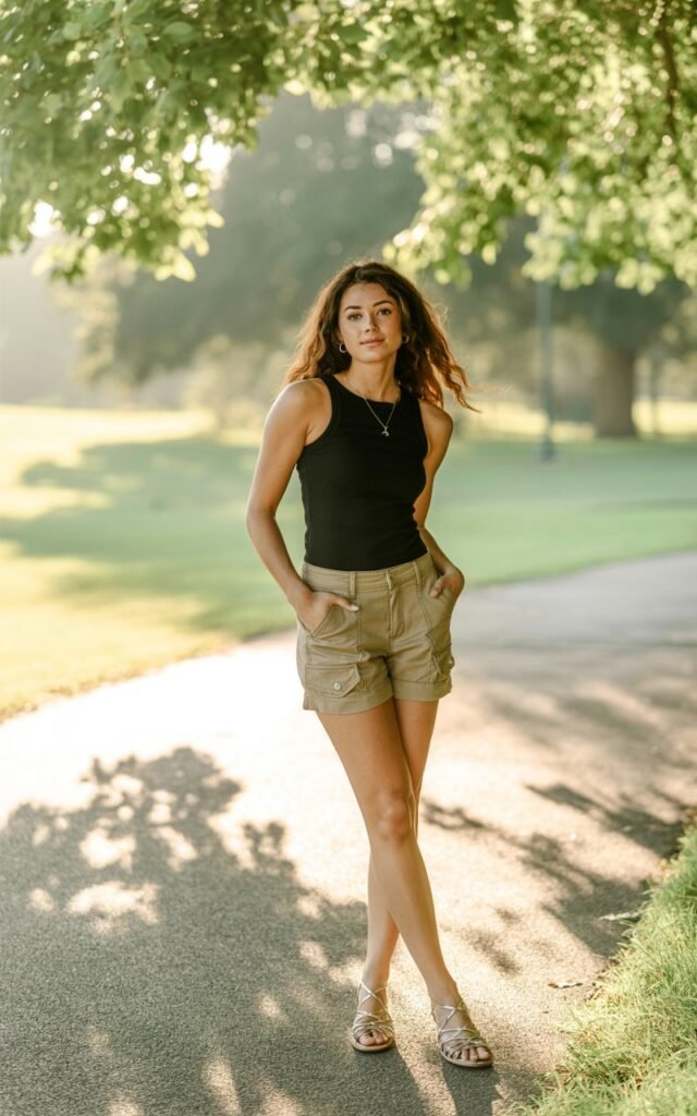 Full-body photo of a model in khaki cargo shorts with a fitted black longline tank and strappy sandals. Taken at a sunny park pathway, natural daylight filtering through trees. She’s standing with one hand in pocket, hair loose and natural, relaxed expression.