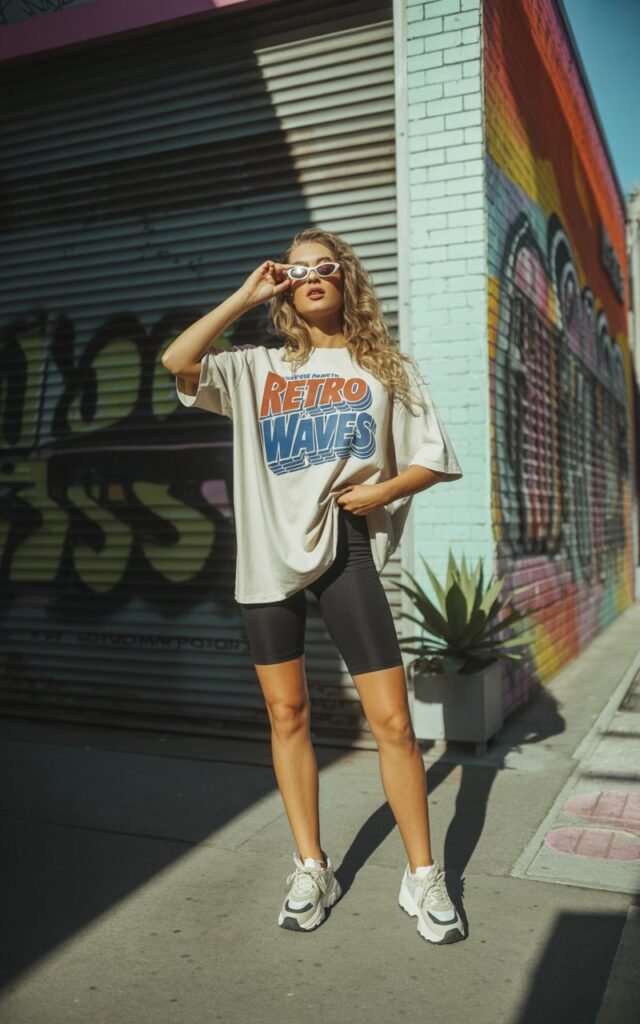 Full-body photo of a sharp-featured white female model wearing an oversized vintage graphic tee half-tucked into black biker shorts, chunky sneakers, and small oval sunglasses. She’s standing on an urban street corner with graffiti walls in the background, mid-day sunlight casting natural shadows. Her hair is in loose waves, one hand adjusting her sunnies, casual confident vibe.