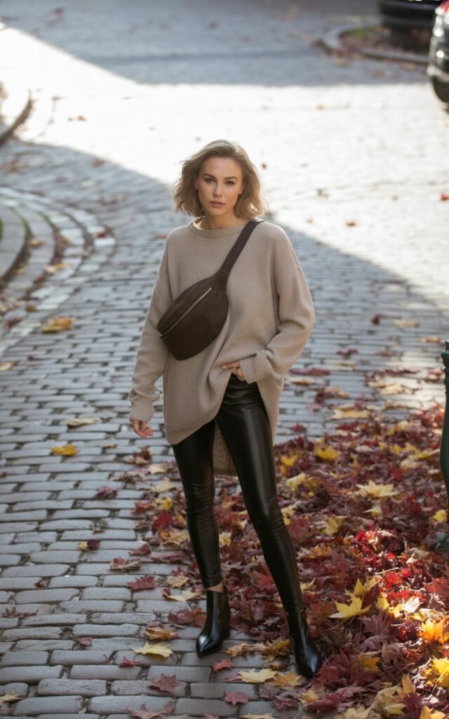 Full-body photo of a white-skinned female model in an oversized beige knit sweater, sleek black leggings, and black leather ankle boots. She carries a crossbody bag, standing casually on a cobblestone urban street with autumn leaves scattered. Natural daylight with a soft overcast glow. Her hair is loose and slightly tousled, makeup minimal. She stands with one hand in her pocket, looking effortlessly chic.