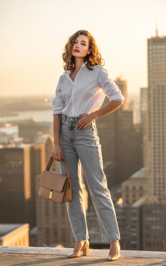 Full-body photo on a city rooftop with golden hour lighting and skyscrapers in the background. The model wears a crisp white button-up tucked into light-washed distressed jeans paired with nude block heels. Accessories include a leather satchel and silver hoop earrings. Her hair is styled in loose waves, and her makeup is soft with a bold lip. She stands confidently, one hand on her hip, looking effortlessly chic.