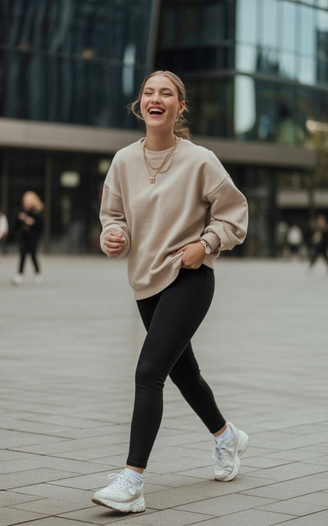 Full-body portrait of a model in fitted black leggings with an oversized cream crewneck, chunky sneakers, and layered gold chains. Taken in a modern city plaza with glass buildings, natural daylight. She’s mid-laugh, looking candid, hair in a half-up style.