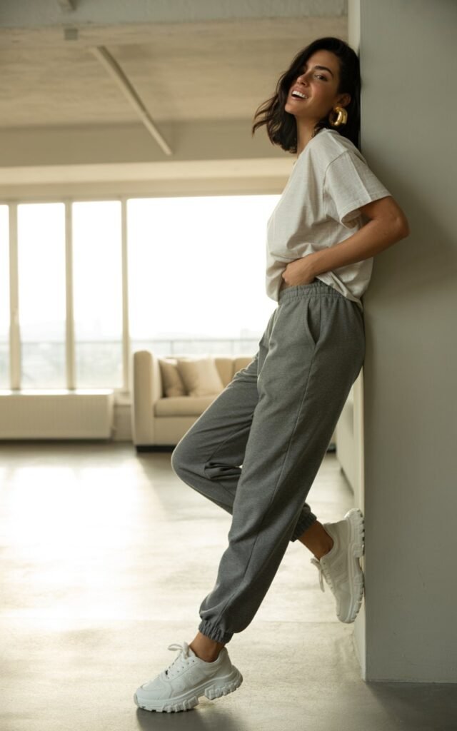 Full-body portrait of a model in gray jogger pants, oversized tee tucked slightly, chunky sneakers, and bold hoop earrings. Shot inside a minimal modern apartment with soft morning light through windows. She’s leaning against the wall, one foot up, candid natural look.
