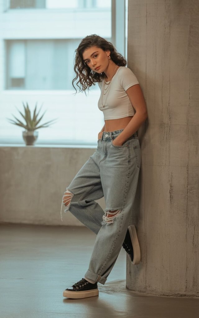 Full-body portrait of a model in light-wash ripped baggy jeans with a tiny white baby tee, layered gold necklaces, and black platform sneakers. Shot in a trendy loft-style studio with soft indoor window light. She’s leaning casually against a concrete wall, smirking with one hand in her pocket.