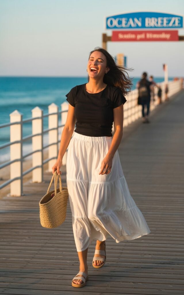 Full-body seaside boardwalk photo. Model wears a flowy white maxi skirt with a tucked-in black tee. Flat sandals and straw tote add a breezy finish. Hair flows naturally in the wind. Soft sunset light creates a dreamy vacation vibe as she walks along casually, laughing.