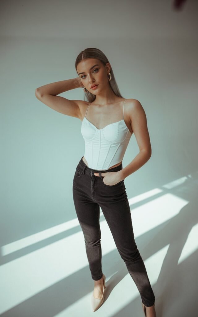 Full-body shot in a modern studio with soft window light. Model wears a white corset top tucked into dark-wash skinny jeans, pointed nude heels, and delicate hoop earrings. Hair sleek straight middle part. Pose standing with one leg slightly forward, one hand brushing hair back, slight smirk.