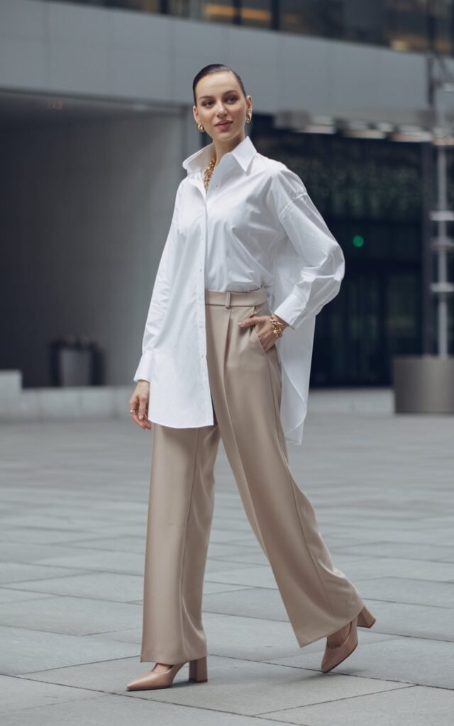 Full-body shot of a chic white-skinned model standing in a modern city plaza, wearing a crisp oversized white button-down tucked into beige wide-leg trousers, paired with nude block heels. Minimal gold jewelry, sleek low bun hairstyle. Natural daylight, clean urban architecture in the background. She poses mid-step, looking confident and approachable.