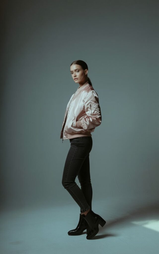 Full-body shot of a model wearing a blush-pink satin bomber jacket with black skinny jeans and ankle boots. Studio backdrop with soft indoor spotlight, editorial style. Hair in a sleek low ponytail, pose casual yet powerful, one hand in pocket.