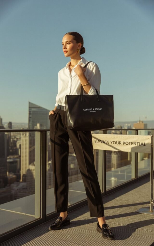 Full-body shot of a sharp-featured white-skinned female model standing on a sleek office rooftop terrace. She wears a crisp white button-down tucked into tailored black trousers with black loafers. Her hair is tied in a low bun, minimal gold jewelry, and a structured black tote. Natural daylight . She stands confidently with one hand in her pocket, expression poised and commanding. No words images