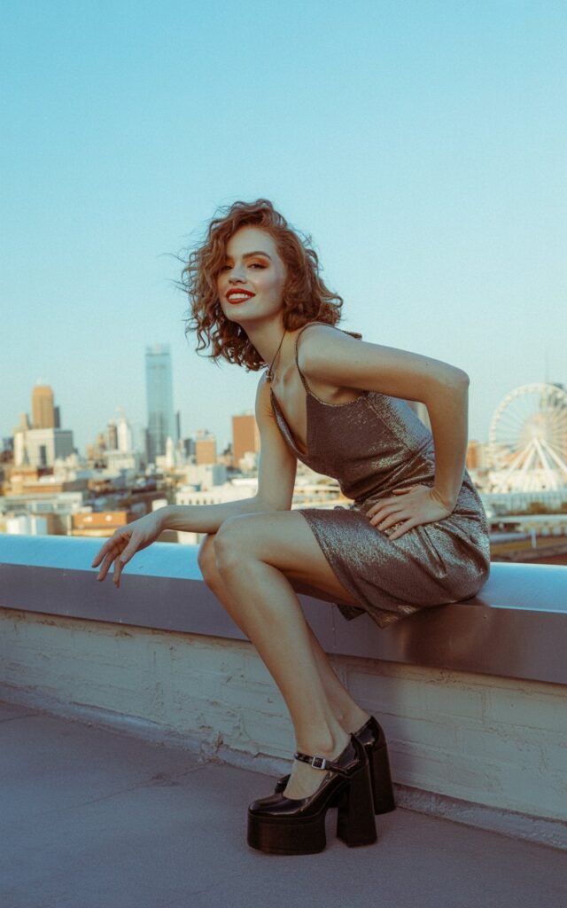 Full-body shot of a white-skinned female model in a silver sparkly mini dress and chunky black platform heels. She’s standing on an urban rooftop at golden hour, city skyline glowing behind her. Hair styled in loose curls flowing in the wind, soft glam makeup with a bold lip. Pose standing confidently with one hand on her hip, a playful smile as if ready to perform.