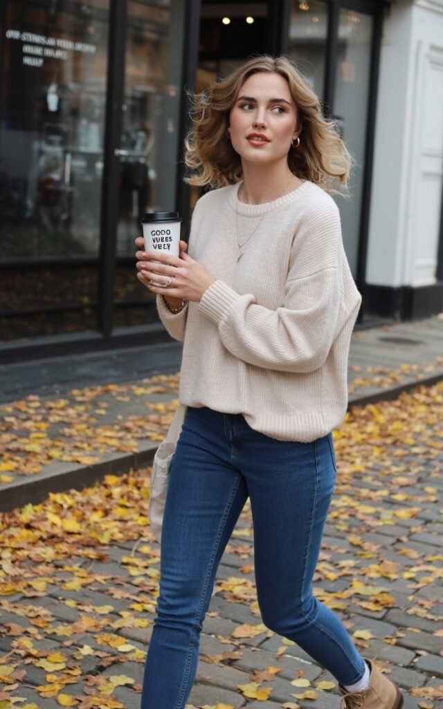 Full-body shot of a white-skinned female model wearing a cream chunky knit sweater tucked into dark blue skinny jeans with tan ankle boots. She’s holding a takeaway coffee cup while walking on a cobblestone street lined with autumn leaves. Natural daylight, slightly overcast for soft shadows. Loose waves in her hair, light makeup. Casual, cozy vibe.