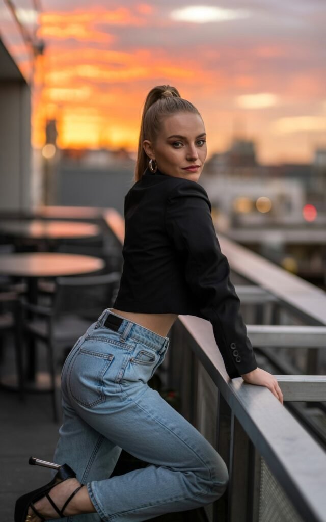 Full-body shot of a white-skinned female model with high ponytail, wearing a cropped black blazer, light wash high-waisted jeans, and strappy heels. Setting rooftop bar. Sunset sky in the background. She’s standing at the railing, looking over her shoulder with a smirk. Chic and youthful.
