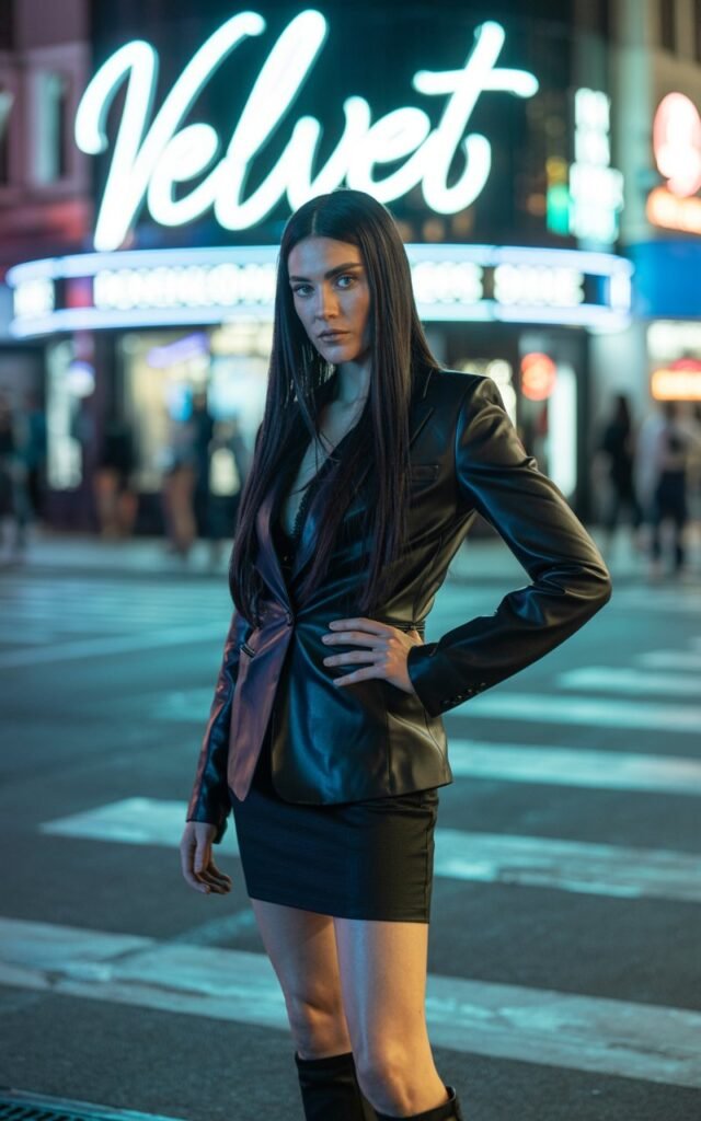 Full-body shot of a white-skinned female model with long straight hair, in a black leather blazer, black mini skirt, and knee-high black boots. Nighttime urban street, neon signs glowing. She’s standing with one hand on her hip, sharp gaze, dramatic lighting. Edgy night-out vibe.