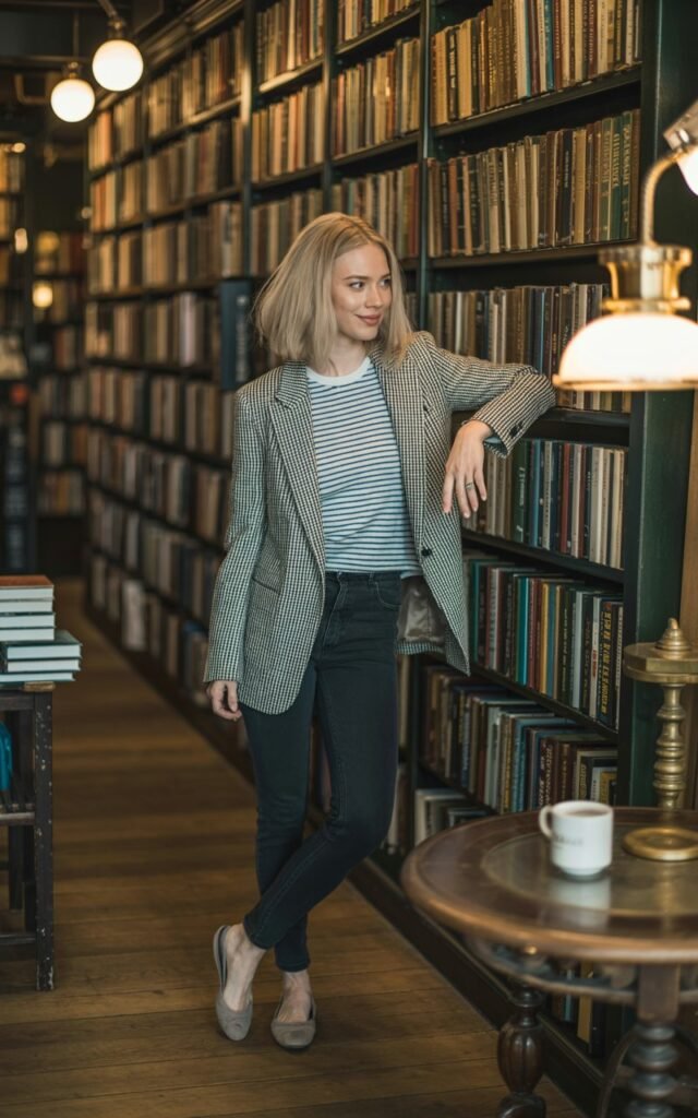 Full-body shot of a white-skinned female model with loose straight hair, in a checked blazer, striped tee, dark skinny jeans, and ballet flats. Setting cozy bookstore interior. Warm indoor light. She’s leaning against a bookshelf, slight smile, casual chic.